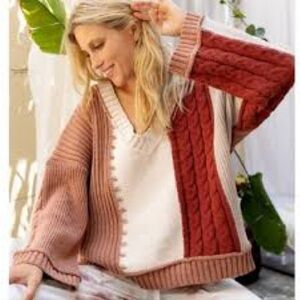 POL Mixed Knit Sweater Large Long Sleeve V-Neck Color-Block Relaxed Bohemian